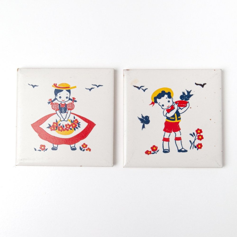 2 Vintage Decorative Ceramic Tiles Boy & Girl Some Chipping Wear Tile Art Decor